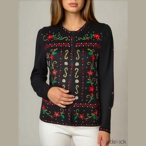 Vintage Embroiderd Christmas Holiday Cardigan Granny Chic Medium Beaded